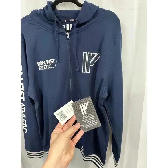 NWT Iron Fist Athletics Large Navy Blue Full Zip Mens Hoodie Striped Gym Workout - Picture 3 of 7